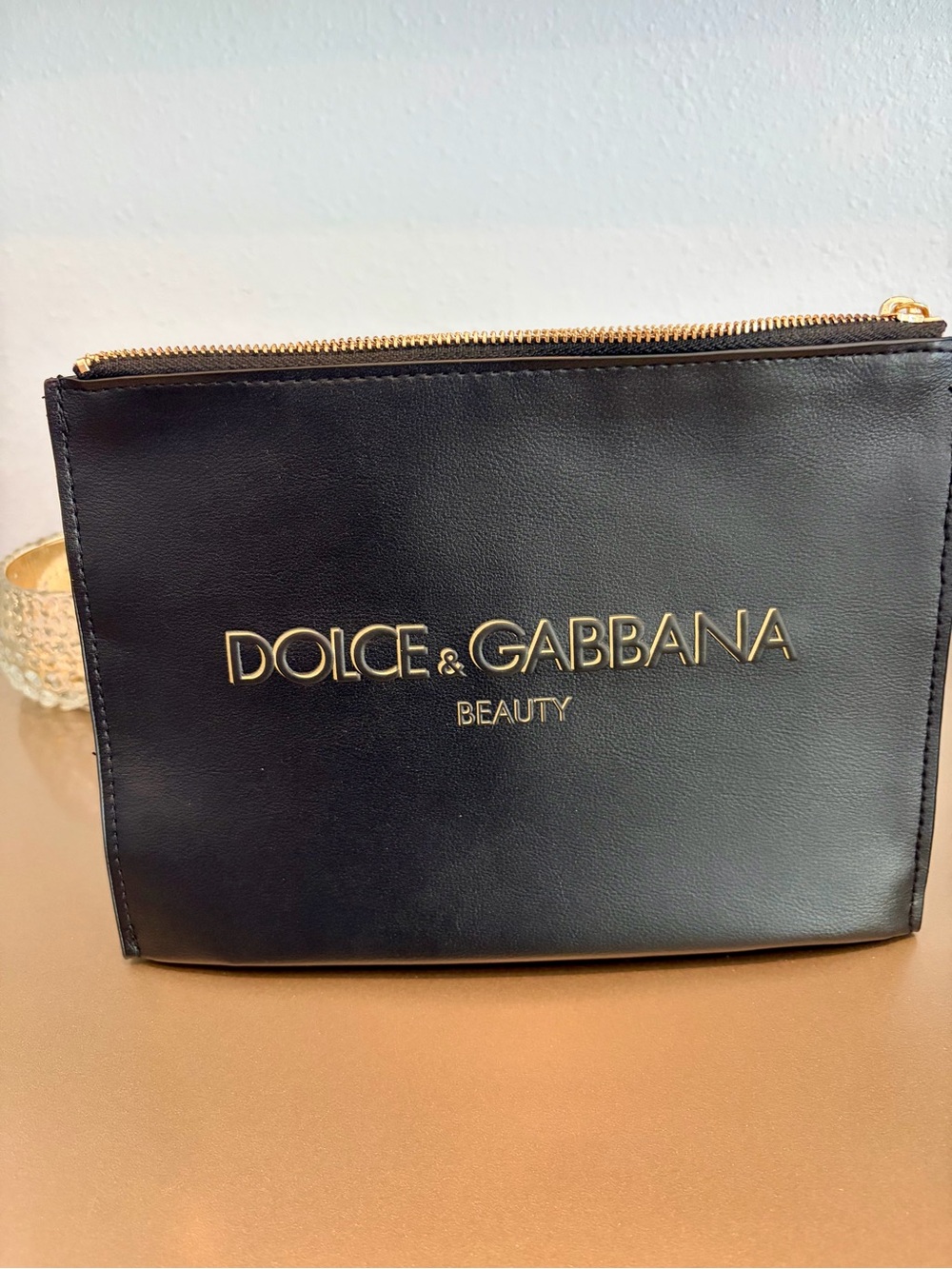 Dolce & Gabbana Black Leather Beauty Zip Cosmetic Pouch with Gold Logo